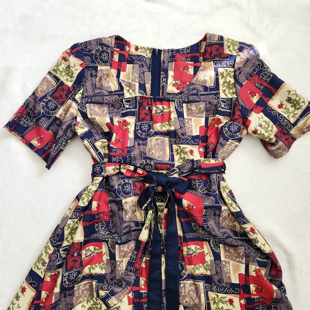 Vtg Patchwork Midi Dress Handmade Belted Blue Red Large 80s Does 50s Modest - Picture 3 of 16
